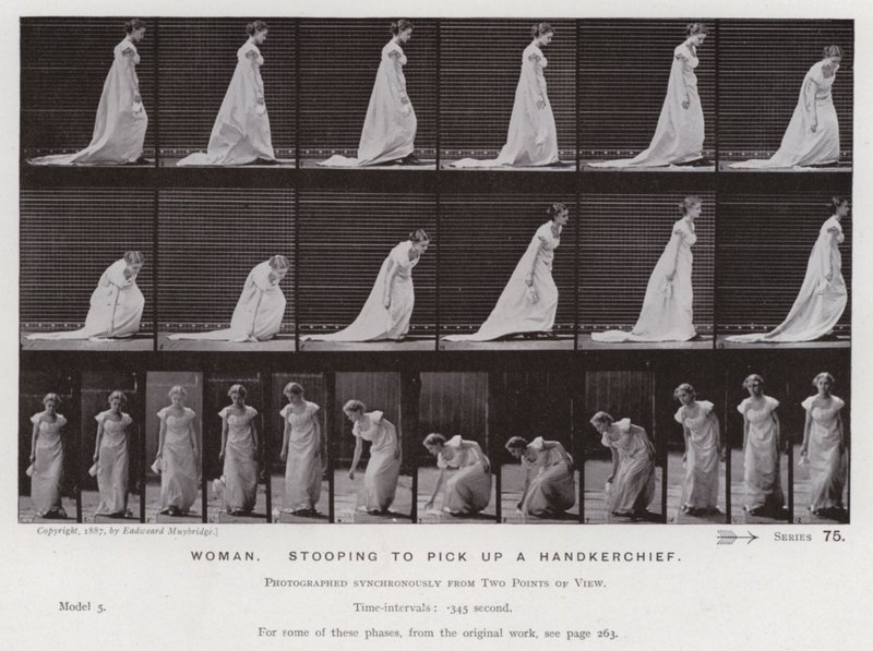 Den menneskelige figur i bevægelse: Kvinde, der bøjer sig for at tage et lommetørklæde (s/h-billede) af Eadweard Muybridge