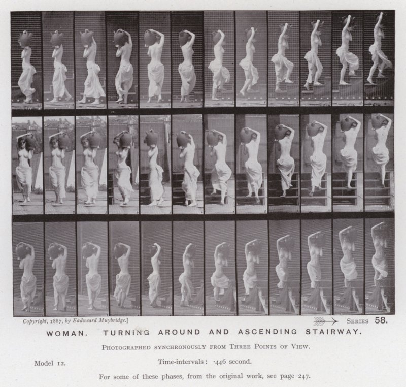 Den menneskelige figur i bevægelse: kvinde, der vender sig om og går op ad trappen (s/h foto) af Eadweard Muybridge
