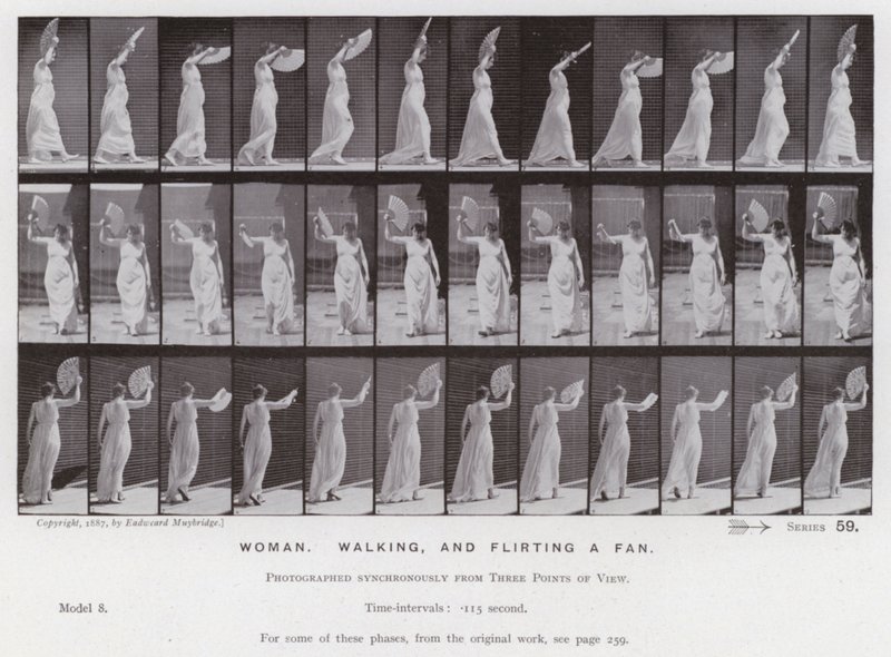 Den menneskelige figur i bevægelse: Kvinde, der går og flirter med en fan (s/h-billede) af Eadweard Muybridge