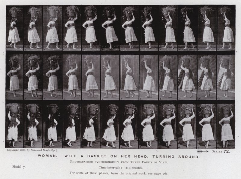 Den menneskelige figur i bevægelse: Kvinde med en kurv på hovedet, der vender sig om (s/h-billede) af Eadweard Muybridge