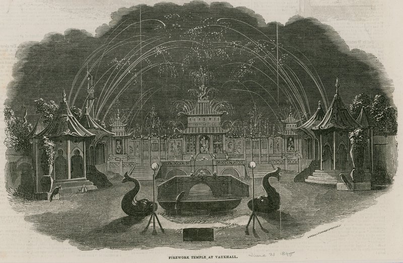 Fyrværkeritempel i Royal Vauxhall Gardens, London af Ebenezer Landells