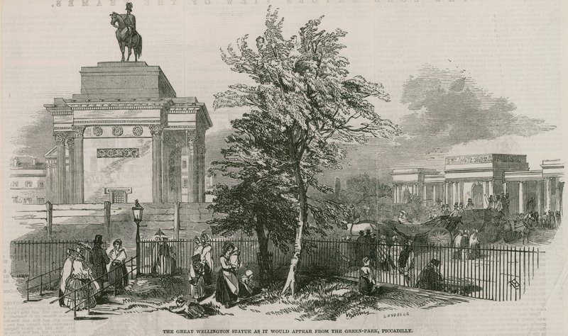 Den store Wellington-statue og buen, som den ville se ud fra Green Park, Piccadilly af Ebenezer Landells