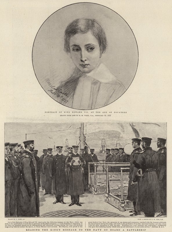 Portræt af kong Edward VII i en alder af 14 år, mens han læser kongens budskab til flåden om bord på et slagskib af Edgar Melville Ward