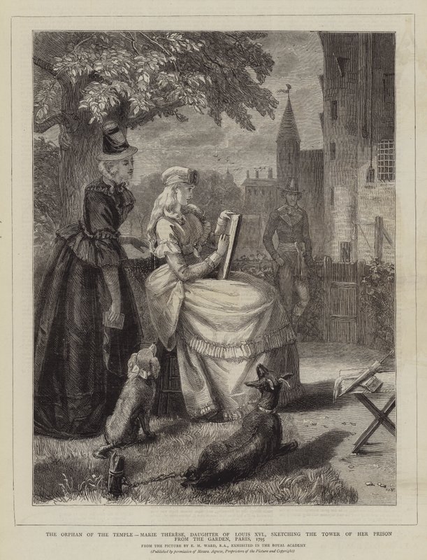 Templets forældreløse, Marie Therese, datter af Ludvig XVI, skitserer sit fængselstårn fra haven, Paris, 1795 af Edgar Melville Ward
