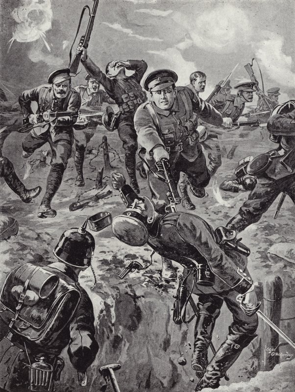 Korporal Joseph Davies og otte mænd dirigerer med bajonetter et parti tyskere, der tidligere havde omringet dem, Delville Wood, Frankrig, 20. juli 1916 af Edgar Alfred Holloway