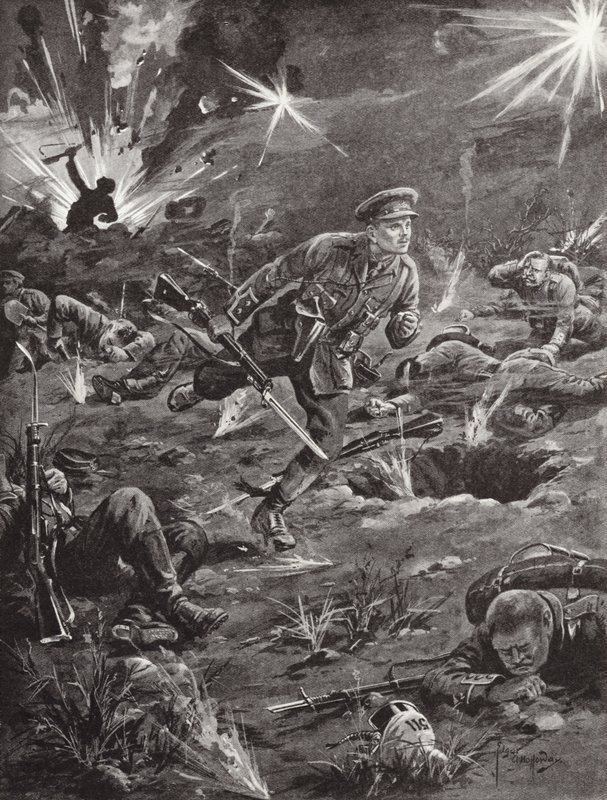Løjtnant Benjamin Geary skynder sig under kraftig granatild til en skyttegrav til højre for Hill 60 for at komme i kontakt med en officer, Ypres, Belgien, april 1915 af Edgar Alfred Holloway