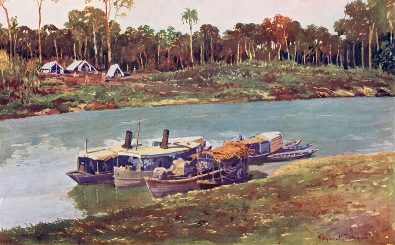 En militær lejr i en rækkevidde af den øvre Amazonas, tre tusinde miles fra havet (farve litho) af Edgar L. Pattison