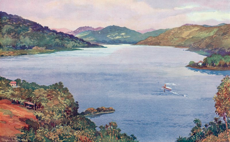 Et glimt af den store kunstige sø ved Ribeirao das Lajes, bygget af Rio de Janeiro Tramway, Light and Power Company (farve litho) af Edgar L. Pattison