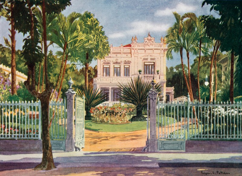 Grev Paulo de Frontins bopæl, Petropolis (farve litho) af Edgar L. Pattison