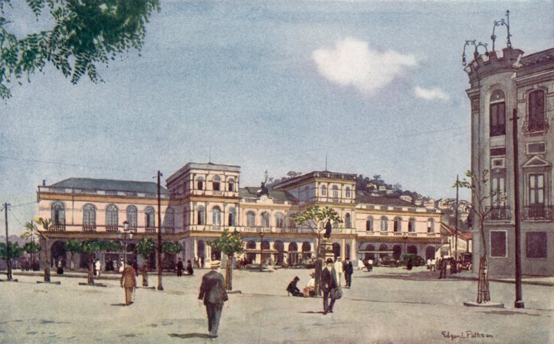 Terminalen af ​​Central Railway, Rio de Janeiro (farve litho) af Edgar L. Pattison