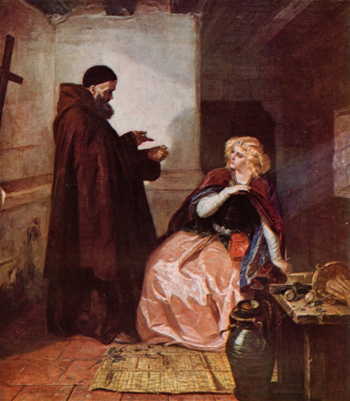Shakespeare: Juliet and Friar Laurence, Romeo and Juliet, akt IV, Scene 1 (farve litho) af Edgar Melville (after) Ward