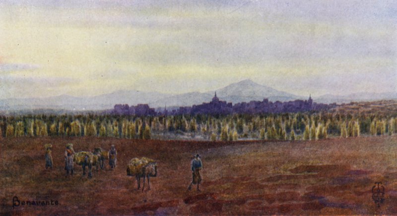 Nordspanien: Benavente, ovenfra Castro Gonzalos bro (farve litho) af Edgar T. A. Wigram