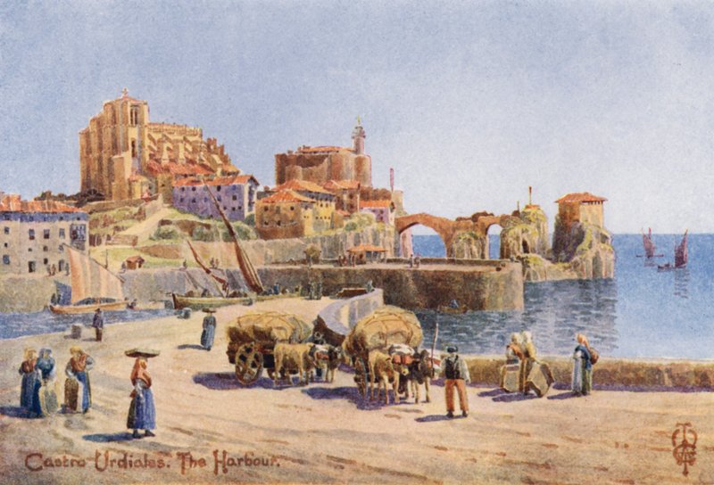 Nordspanien: Castro Urdiales, Havnen (farve litho) af Edgar T. A. Wigram