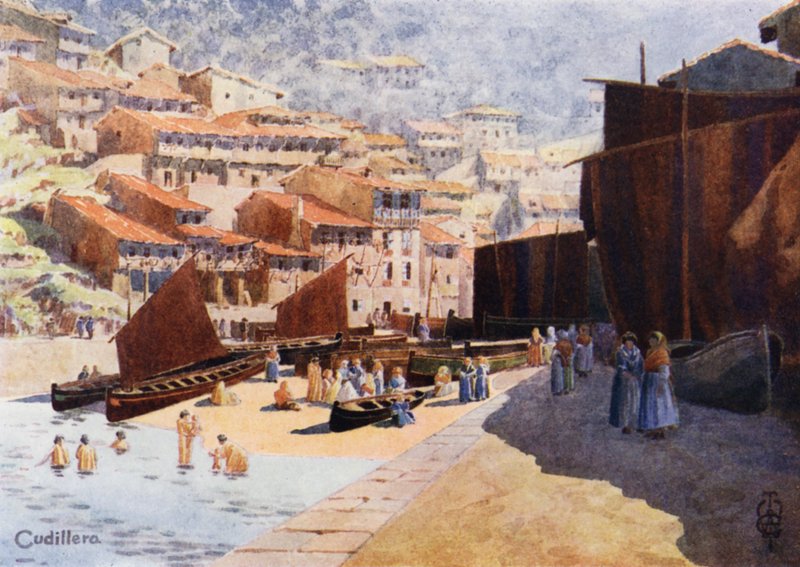 Nordspanien: Cudillero, Havnen (farve litho) af Edgar T. A. Wigram