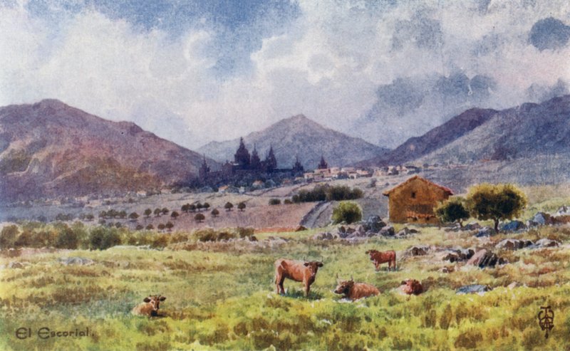 Nordspanien: Escorial, fra øst (farve litho) af Edgar T. A. Wigram