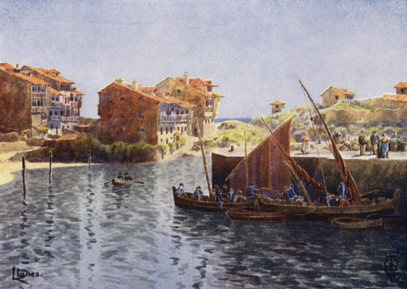 Nordspanien: Llanes, Havnen (farve litho) af Edgar T. A. Wigram