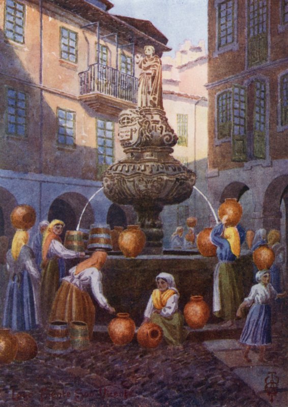 Nordspanien: Lugo, St. Vincent-fontænen (litho-farve) af Edgar T. A. Wigram
