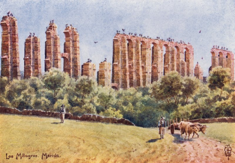 Nordspanien: Merida, "Los Milagros," ruinerne af Den Store Akvædukt (farve litho) af Edgar T. A. Wigram
