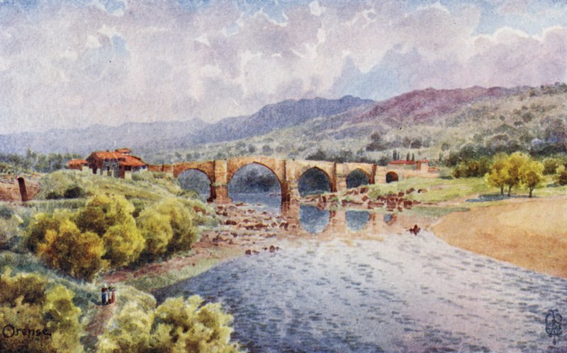 Nordspanien: Orense, Broen over Mino (farve litho) af Edgar T. A. Wigram