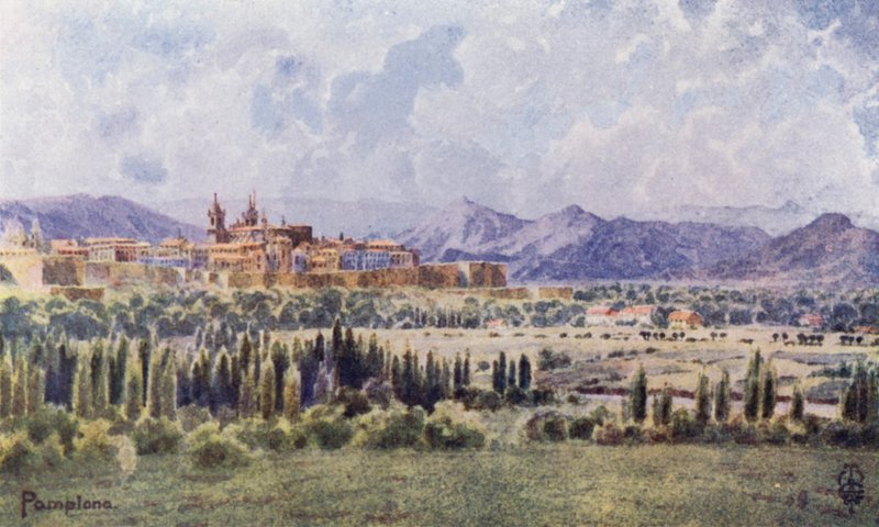 Nordspanien: Pamplona, fra vejen til grænsen (farve litho) af Edgar T. A. Wigram