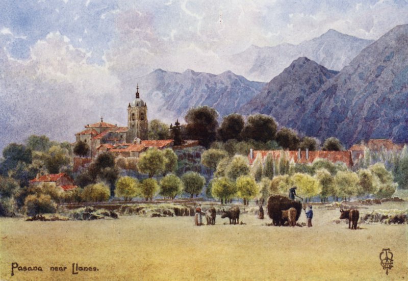 Nordspanien: Pasana, en asturisk bjerglandsby (farve litho) af Edgar T. A. Wigram