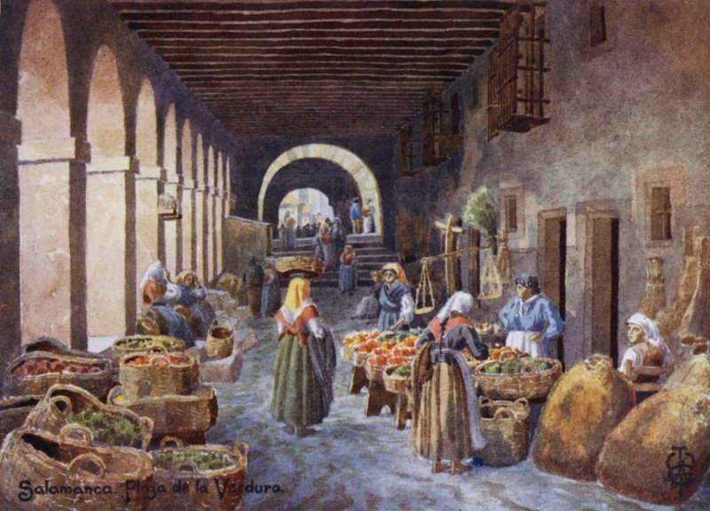Nordspanien: Salamanca, arkader på Plaza de la Verdura (farve litho) af Edgar T. A. Wigram