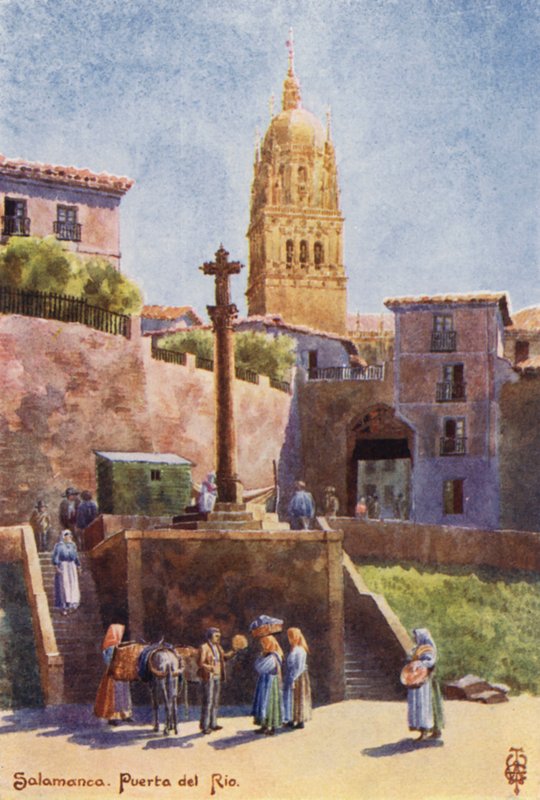 Nordspanien: Salamanca, Puerta del Rio, med katedraltårnet (farve litho) af Edgar T. A. Wigram