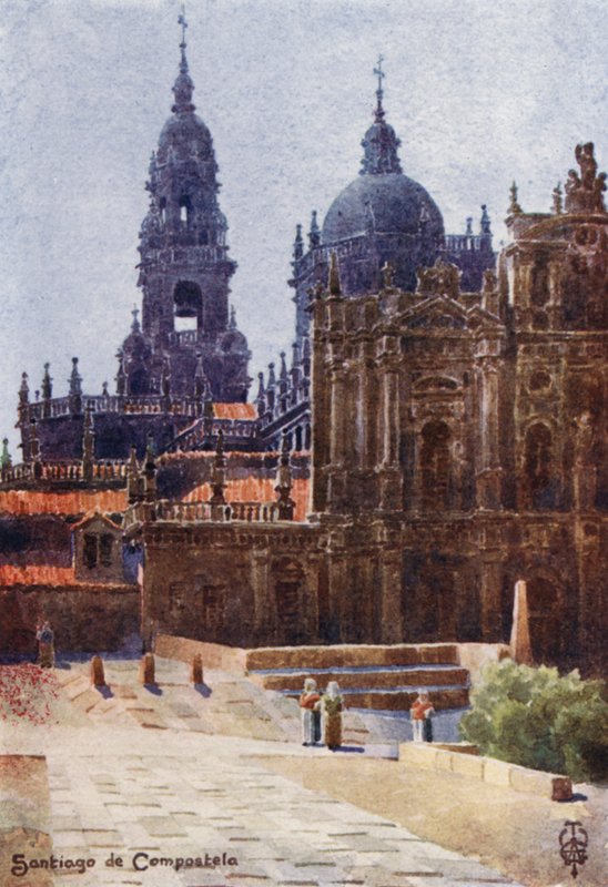 Nordspanien: Santiago de Compostela, katedralen fra nordøst (farve litho) af Edgar T. A. Wigram