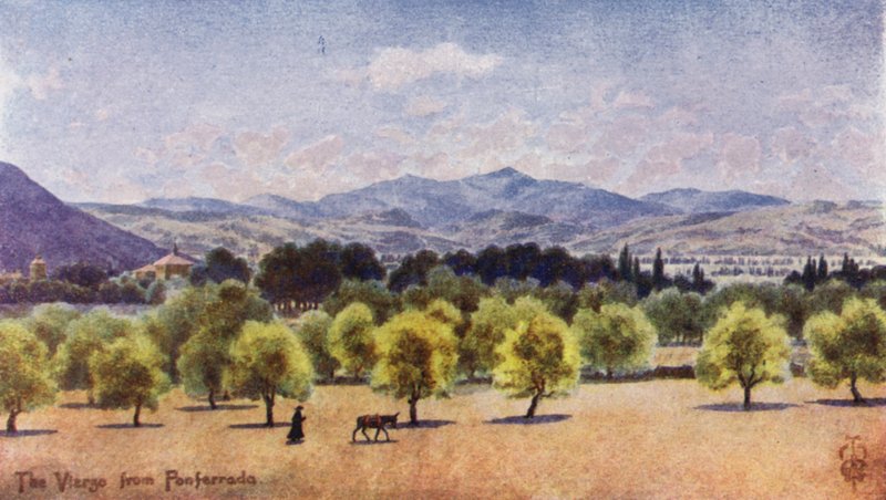 Nordspanien: Vierzo, fra Ponferrada, ser mod passet Piedrafita (farve litho) af Edgar T. A. Wigram