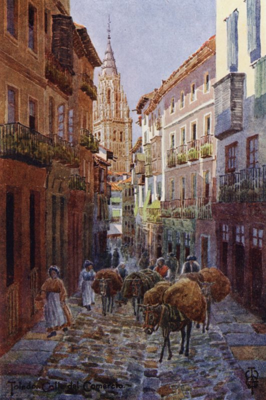 Nordspanien: Toledo, Calle del Comercio, med katedraltårnet (farve litho) af Edgar T. A. Wigram
