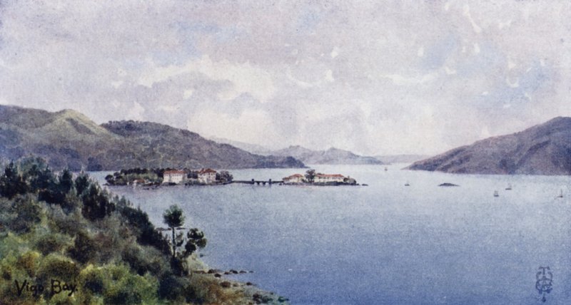 Nordspanien: Vigo-bugten, den indre havn, ser ud mod havet (farve litho) af Edgar T. A. Wigram