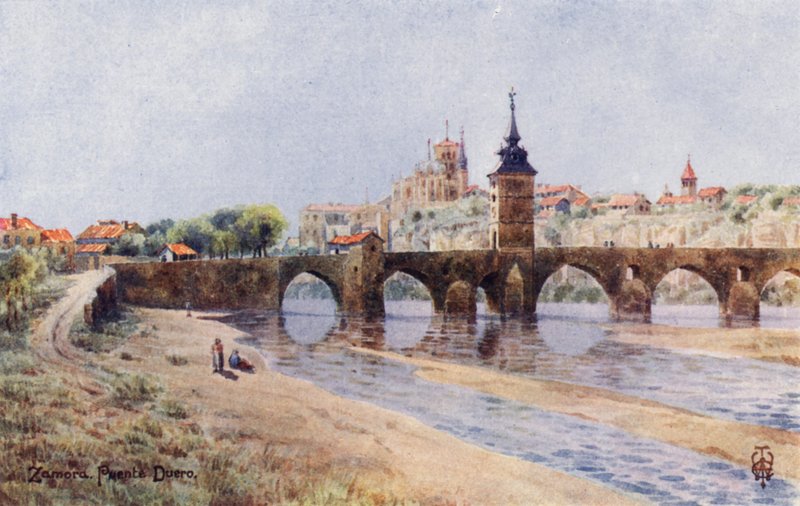 Nordspanien: Zamora, Fra bredden af Duero (farve litho) af Edgar T. A. Wigram