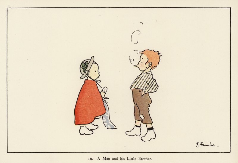 En mand og hans lillebror (farve litho) af Edith Farmiloe