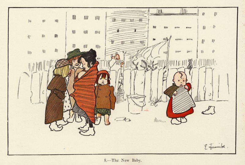A New Baby (farve litho) af Edith Farmiloe