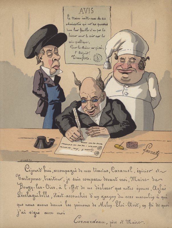 En borgmester skriver en meddelelse (farve litho) af Edmond Lavrate