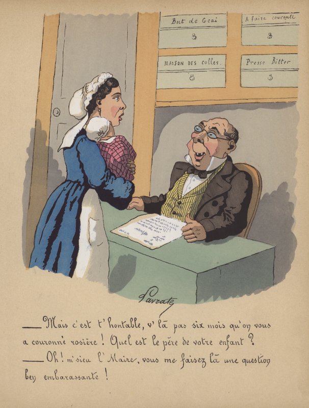 En mor registrerer sin baby på rådhuset (farve litho) af Edmond Lavrate