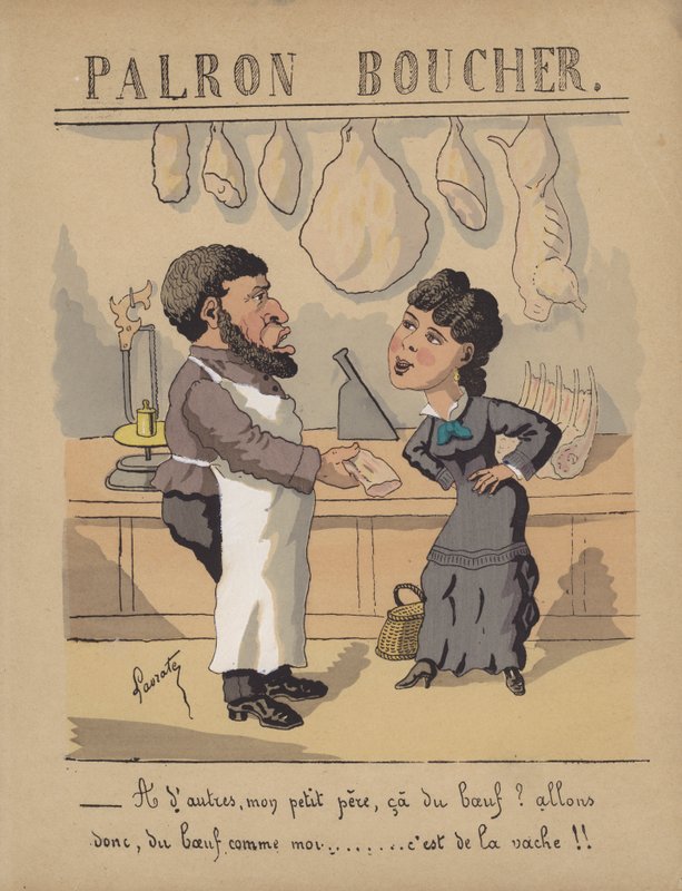 Hos en slagterbutik (farve litho) af Edmond Lavrate