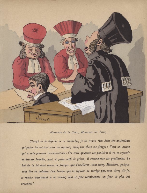 Retssal scene (farve litho) af Edmond Lavrate