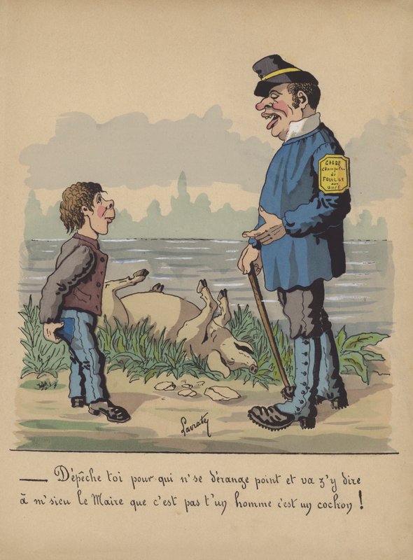 Vildtholder og dreng med en død gris (farve litho) af Edmond Lavrate