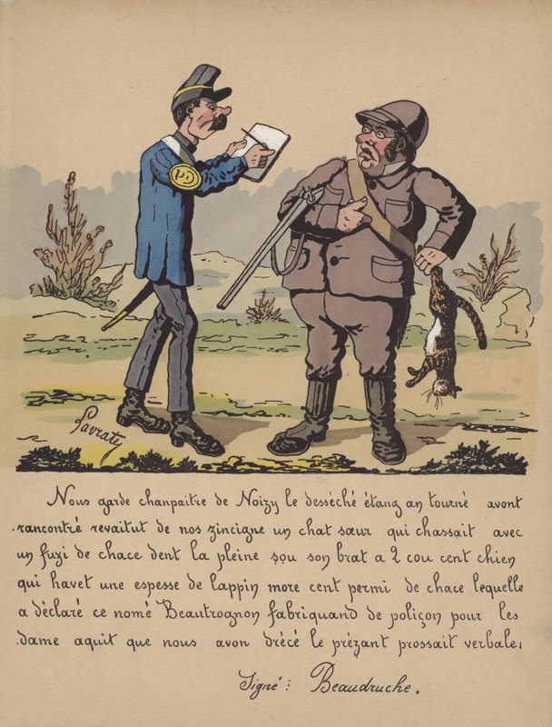 Vildtholder med en jæger, der har skudt en kat (farve litho) af Edmond Lavrate