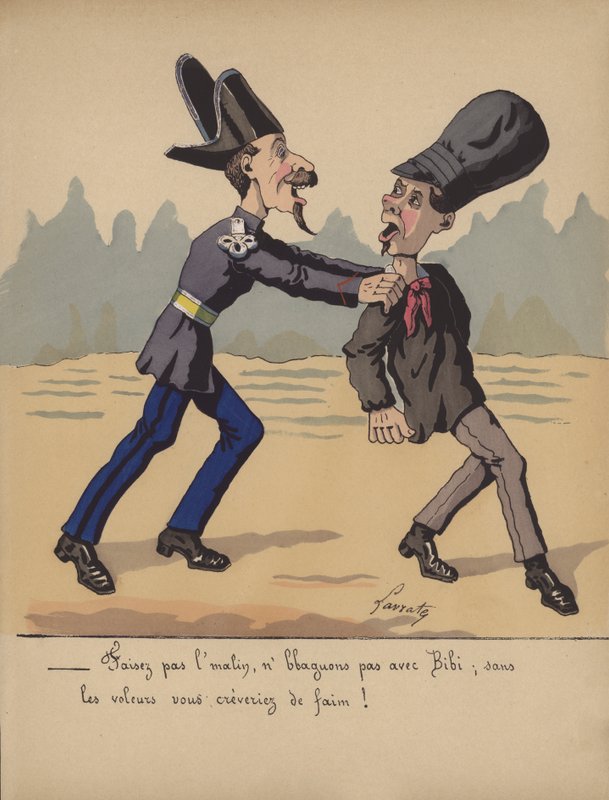 Politimand arresterer en tyv (farve litho) af Edmond Lavrate