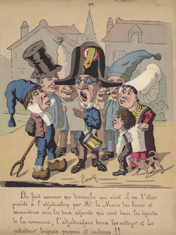 Oplæsning af meddelelse fra borgmesteren vedrørende rensning af kommunale kloakker (farve litho) af Edmond Lavrate