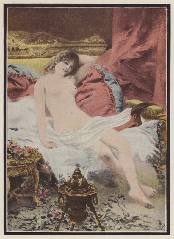Delerium, kvinde sidder på en sofa (farve litho) af Edmond Louis Dupain