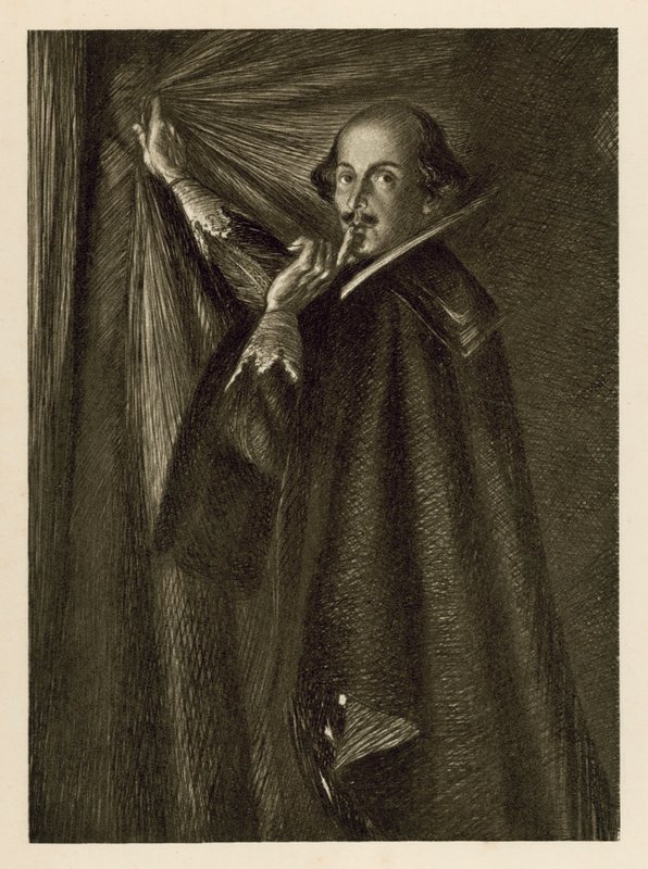 William Shakespeare holder gardinet og beder os være stille (litho) af Edmund Joseph Sullivan