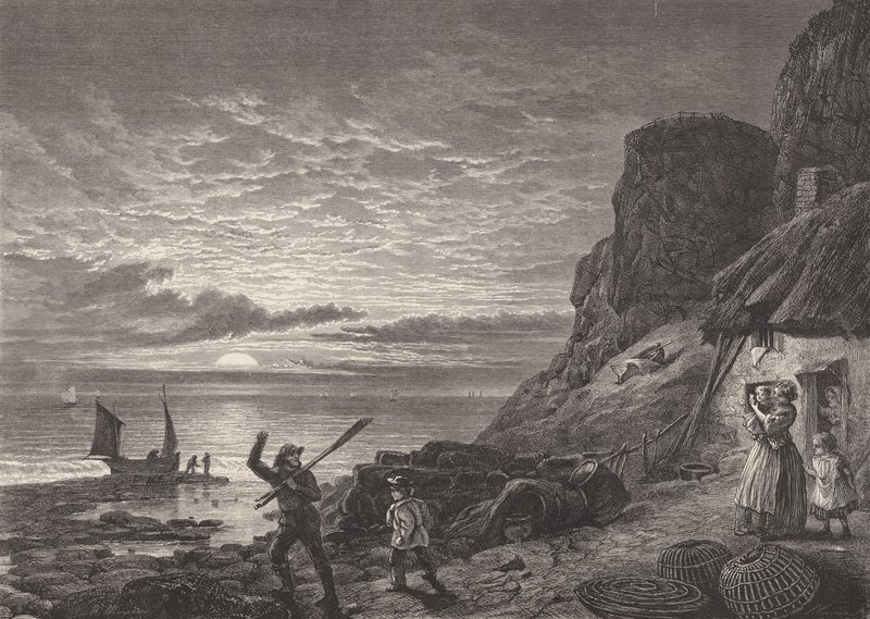 Fiskere, far og søn, siger farvel til deres familie (gravering) af Edmund Morison (after) Wimperis