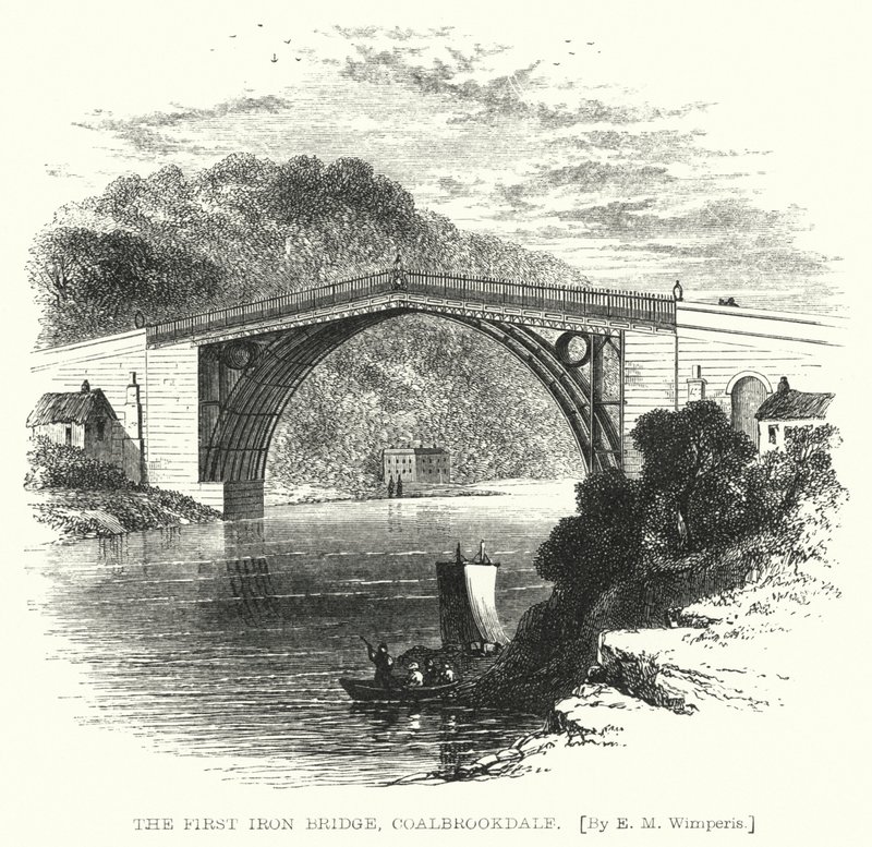 The First Iron Bridge, Coalbrookdale (gravering) af Edmund Morison (after) Wimperis