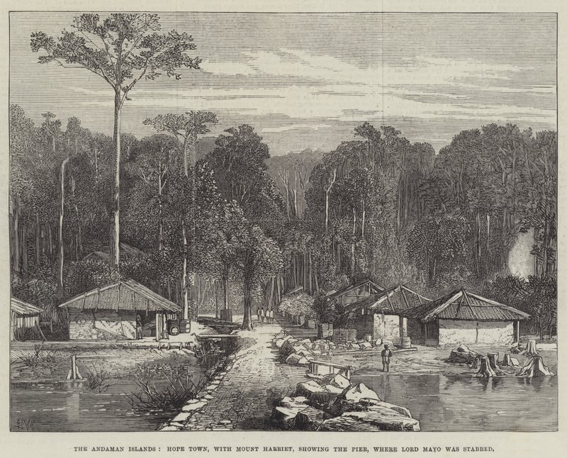 Andamanøerne, Hope Town, med Mount Harriet, der viser molen, hvor Lord Mayo blev stukket af Edmund Morison Wimperis