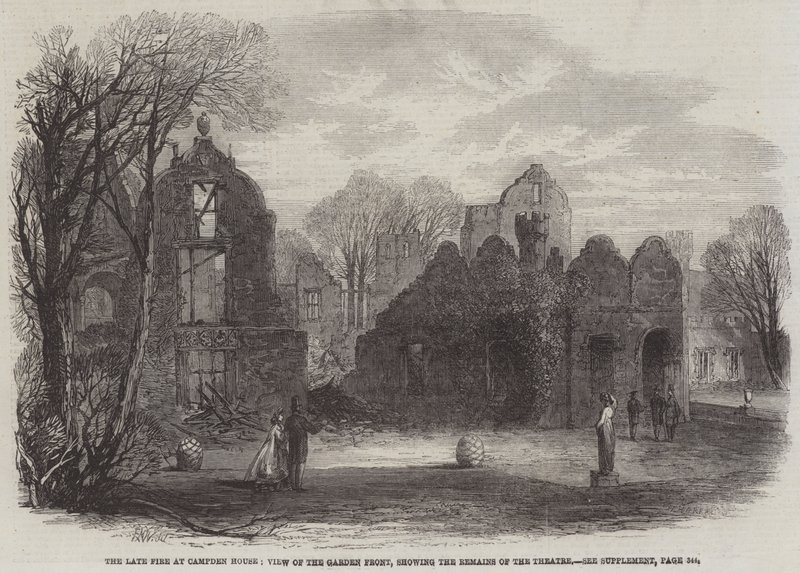 The late Fire at Campden House, View of the Garden Front, der viser resterne af teatret af Edmund Morison Wimperis
