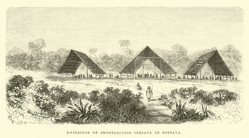 Chontaquiros-indianernes boliger ved Consaya af Edouard Riou
