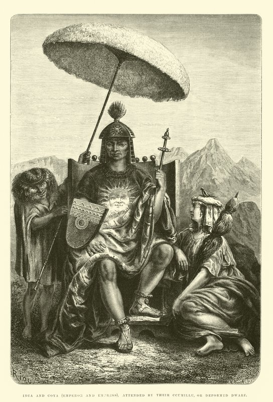 Inca og Coya (kejser og kejserinde), med deltagelse af deres Ccumillu eller deforme dværg af Edouard Riou